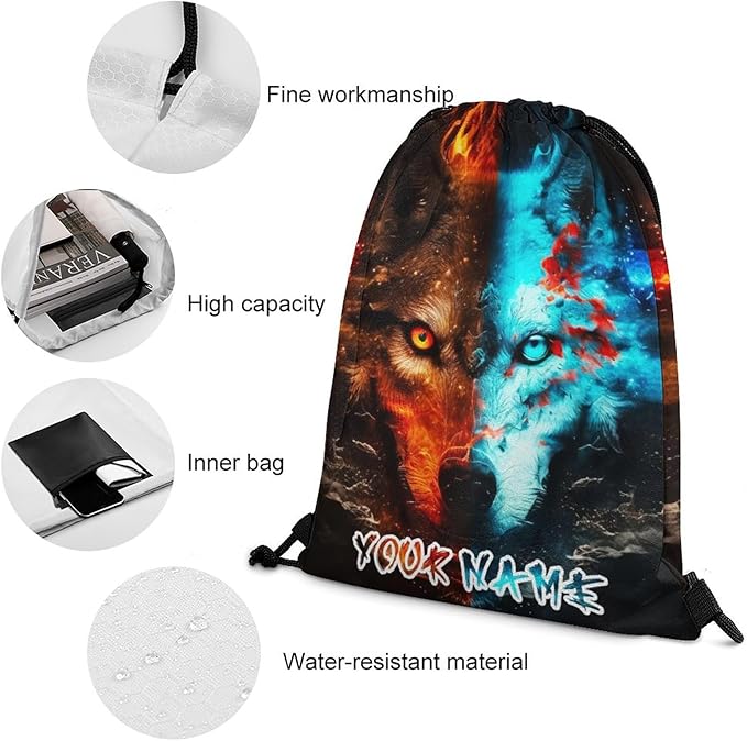 Custom Wolf Drawstring Backpack - Cute Cinch Sack, String Backpacks for Women Men Kids Boys Girls for Gym Outdoor Sports Travel Athletic Drawstring Bag - Lightweight/Foldable