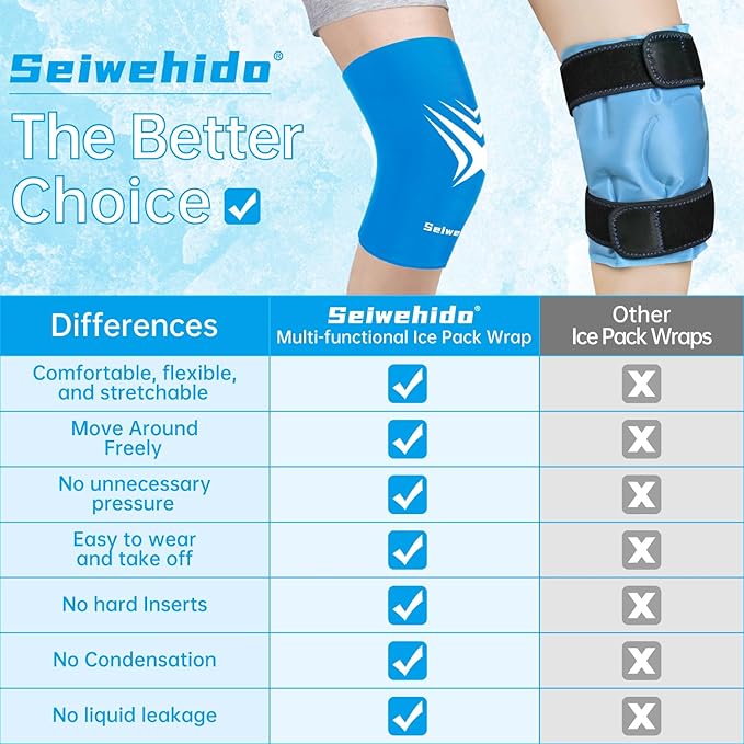 Extended Leg Knee Ice Pack Wrap for Injuries Compression, Reusable Soft Gel Freeze Knees Brace for Swelling Replacement Surgery, Cold Therapy for Arthritis, Meniscus Tear (Knee-Blue-2 Pack)