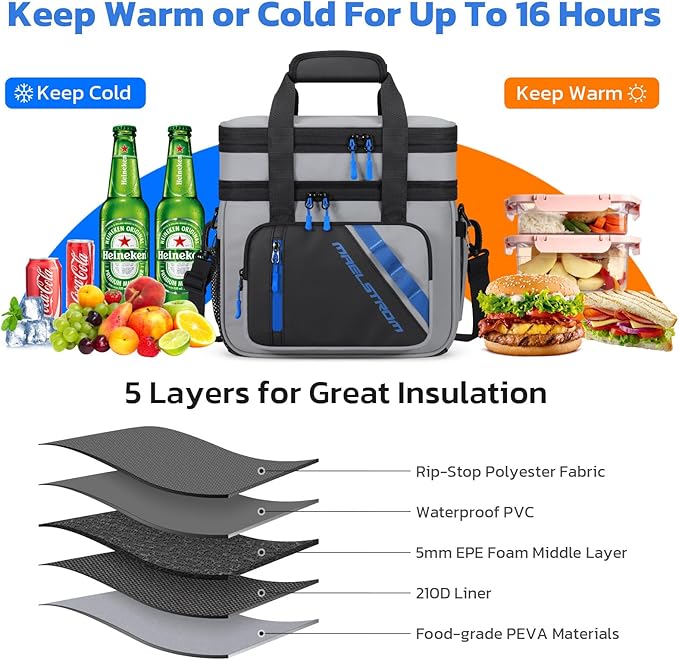 Maelstrom Lunch Box, 20L Insulated Lunch Bag for Men Women, Expandable Double Deck Leakproof Cooler Bag with 6 Pockets, Reusable Lunch Tote Bag for Work, Picnic, Travel, Grey