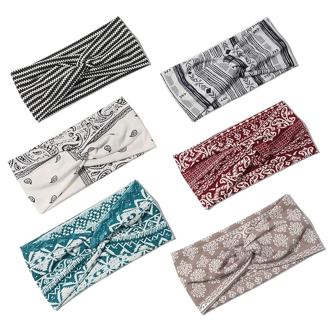 Artilady 6 Pack Wide Boho Headbands for Women - Soft Yoga Elastic Hair Bands for Girls Workout Running Sport Headwrap Non-slip Breathable (Patterned)
