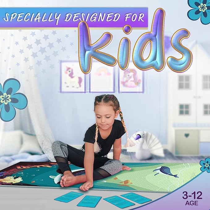 Kids Yoga Mat Set for Boys & Girls - Doll, Unicorn, Mermaid, Panda, Dinosaur and UnderWater - Chemical Free - Non-Toxic - Non-Slip - 60 X 24 X 0.2 Inches - w/ 12 Yoga Cards - Cute Carrier Bag - Ages 3-12