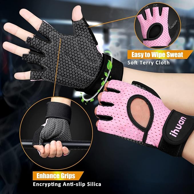 ihuan Breathable Weight Lifting Workout Gym Gloves: Fingerless Exercise Wrist Support | Enhance Palm Protection | Extra Grip for Fitness |Training | Rowing | Pull-ups