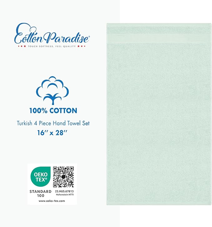 Cotton Paradise Hand Towels for Bathroom, 100% Cotton Turkish 4 Piece Hand Towel Set, Soft Absorbent Face Towels, Mint Hand Towels