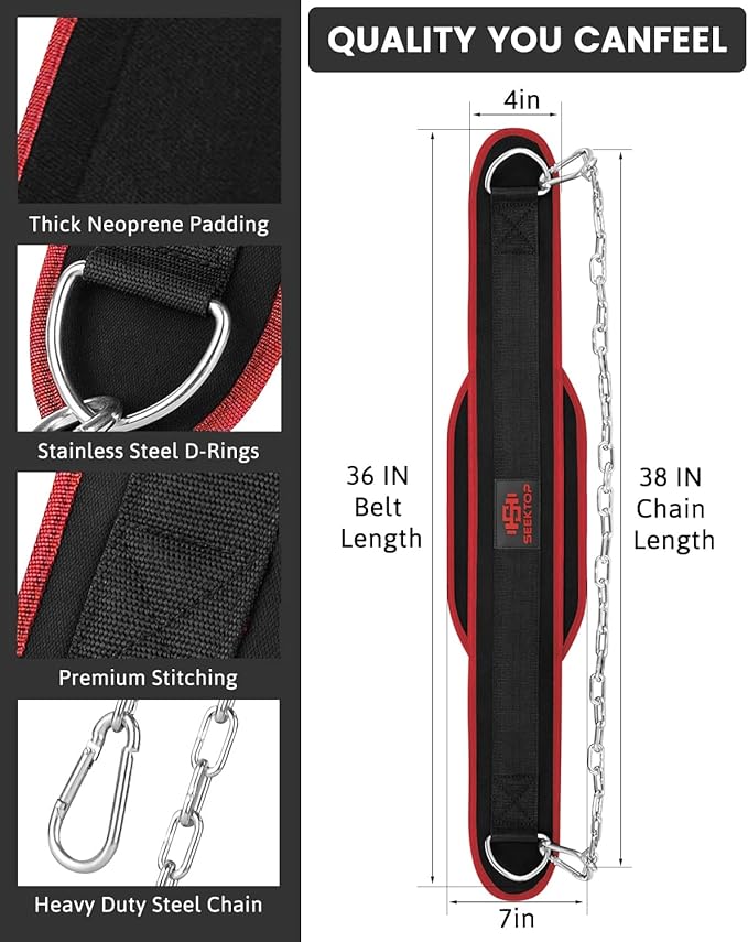 Seektop Dip Belt With Chain for Weightlifting - Neoprene Waist Belt for GYM Workout, Pull Ups, Crossfit, Weight Lifting, Squat, Training, Fitness - for Men & Women