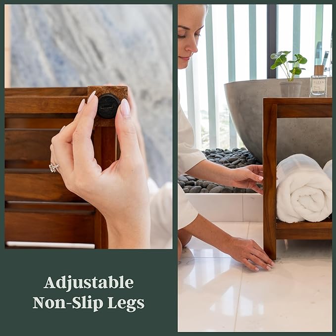 Teak Shower Bench 30 Inch – Fully Assembled Wooden Bench with Shelf, Water-Resistant, Non-Slip Adjustable Feet – Indoor Spa, Garden, or Bathroom Use