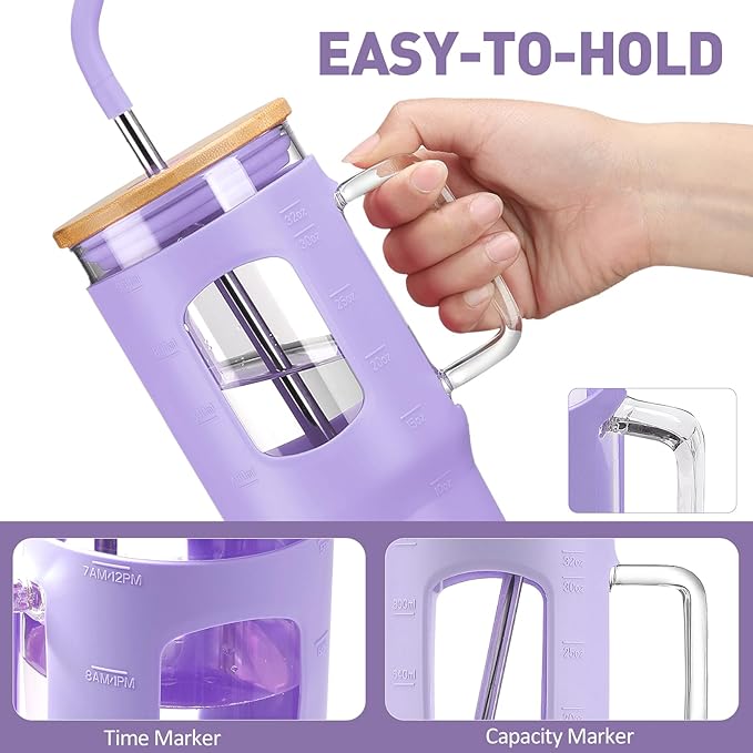32 oz Glass Tumbler with Straw and Lid, Glass Water Bottles with Time Marker, Silicone Protective Sleeve - Purple