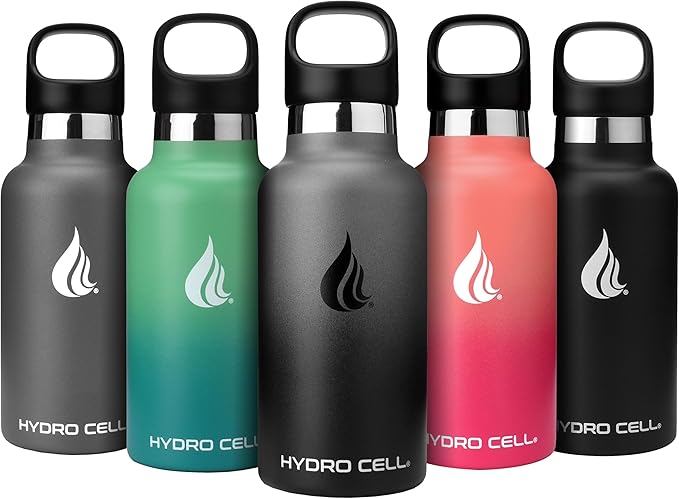 HYDRO CELL Stainless Steel Water Bottle with Straw & 2 Standard Mouth Lids (32oz 24oz 20oz 16oz) Keeps Liquids Hot or Cold w/Double Wall Vacuum Insulated Leak Proof Sport Design (Graphite/Black 16oz)