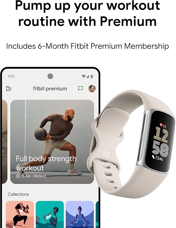 Fitbit Charge 6 Fitness Tracker with Google apps, Heart Rate on Exercise Equipment, 6-Months Premium Membership Included, GPS, Health Tools and More, Porcelain/Silver, One Size (S & L Bands Included)