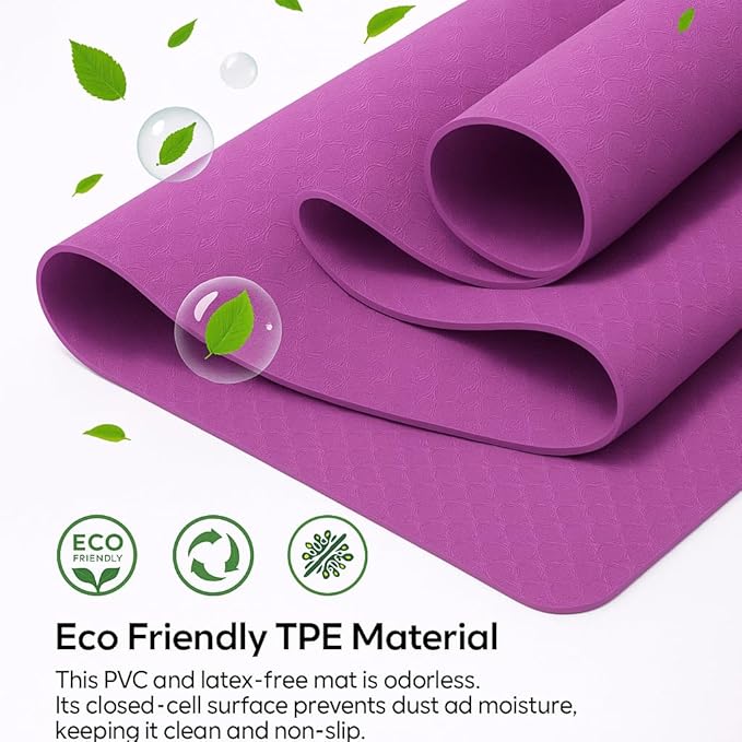 Yoga Mat Extra Thick 6mm Non-Slip Exercise Mat for Women and Men, Eco-Friendly TPE, Lightweight & Durable for Home, Gym, Pilates & Fitness 72" × 24" × 1/4" (~6 mm)