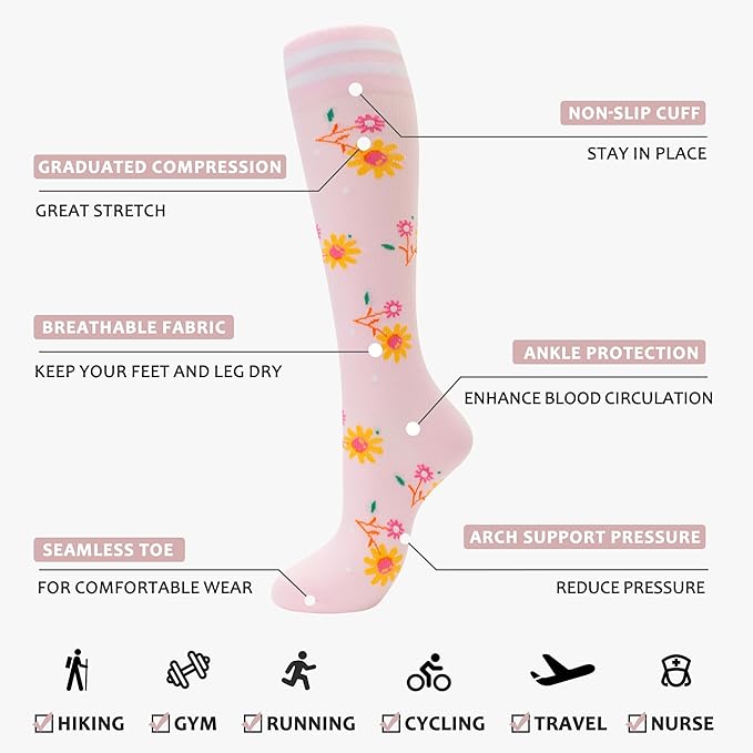 fenglaoda Compression Socks Women Men 4 Pairs, Knee High Support Socks for Running, Sports, Travel, Flight, Nurse
