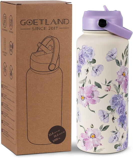 Goetland Flowers Water Bottle Beverage Bottle with Straw Lid 32 oz Stainless Steel Wide Mouth Vacuum Insulated Cute UV Printing Leak Proof For Women Girls Kids Mauve
