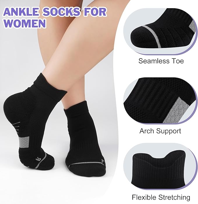 Gonii Women's Compression Ankle Socks with Cushion & Arch Support| Lightweight & Moisture-Wicking for Running 3 Pairs
