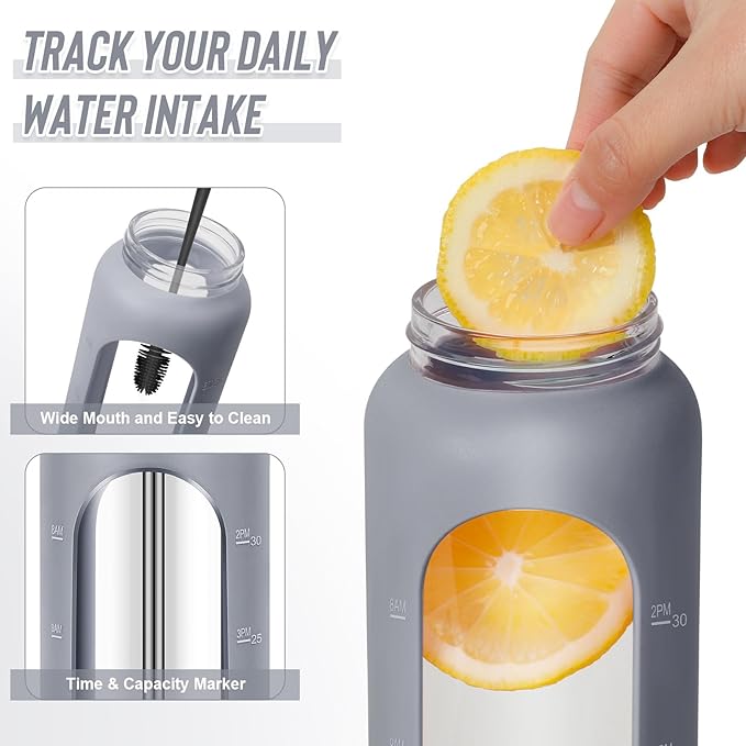 32 oz Glass Water Bottles - 1 Liter Motivational Tumbler Water Bottle Time Marker - Borosilicate Glass Water Bottle With Silicone Sleeve and 2 Lids, Handle Spout & Bamboo Straw Lid