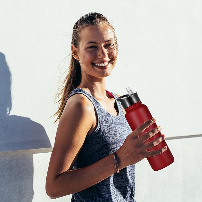 40 oz Insulated Water Bottle with Straw, Stainless Steel Sports Water Bottles with 2 Lids (Straw and Wide Mouth lid), Double Wall Vacuum, Leakproof, BPA-Free, Red