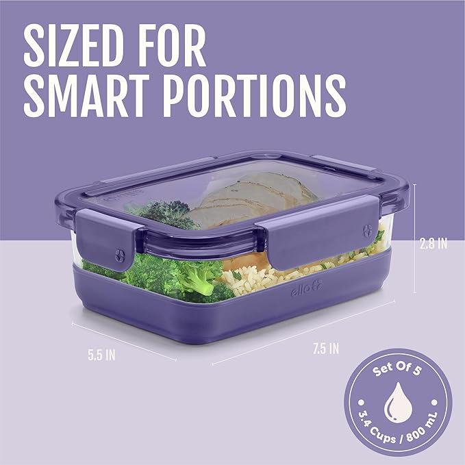 Ello Duraglass Refresh 3.4 Cup Meal Prep Sets 10Pc, 5 Pack Set- Glass Food Storage Container with Silicone Boot and Airtight BPA-Free Plastic Lids, Dishwasher, Microwave and Freezer Safe,Everest