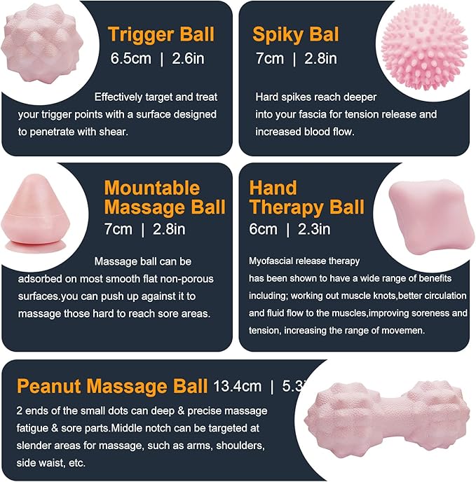 Massage Ball Set for Myofascial Trigger Point Release & Deep Tissue Massage, Firm/Soft Mountable Self/Peanut/Spiky/Hand Exercise Ball