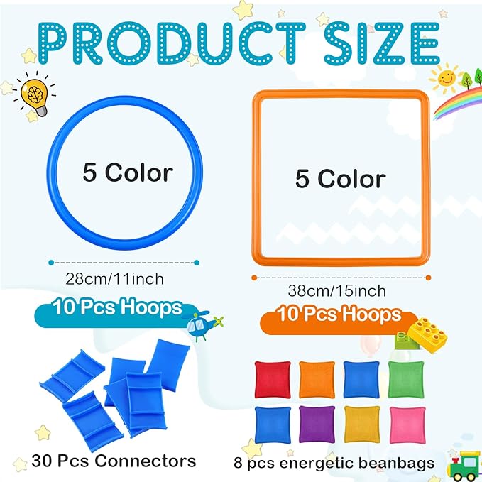 2 Sets of 2 in 1 Hopscotch and Beanbag Toss Kit Include Hopscotch Ring Game Set and Squares Set 8 Pcs Beanbags for Indoor Game Outdoor Agility Portable Summer Conditioning Agility Training