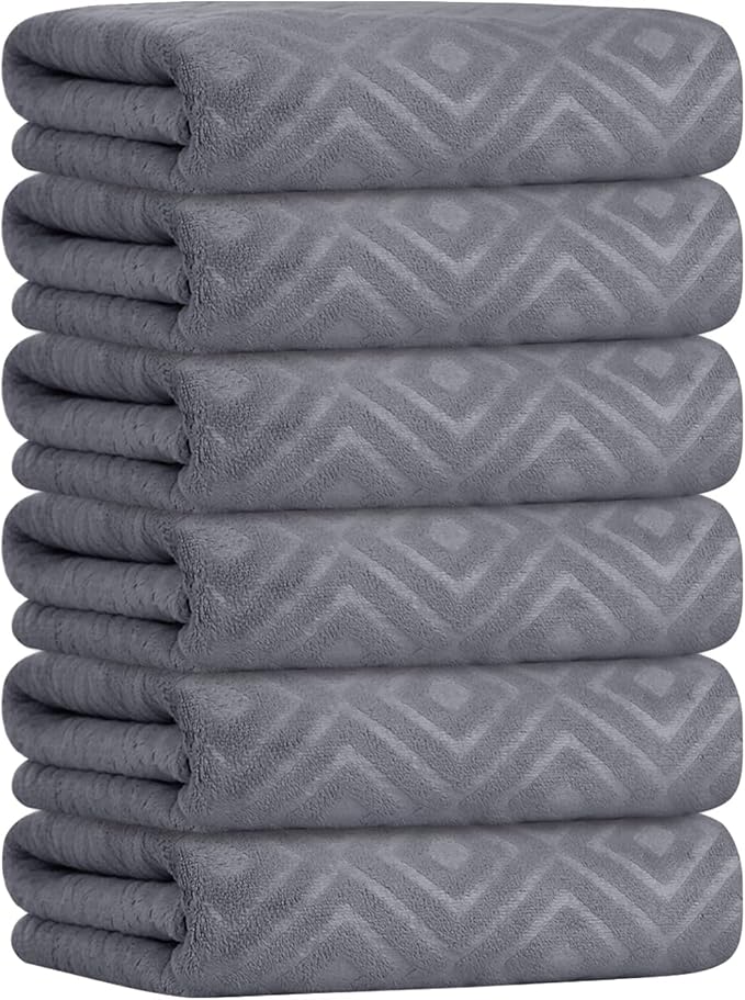 JML Bath Towel, Microfiber Bath Towels Set 6 Pack (30" x 60") - Large Size, Extra Absorbent, Quick Drying, Grey Diamond Embossed