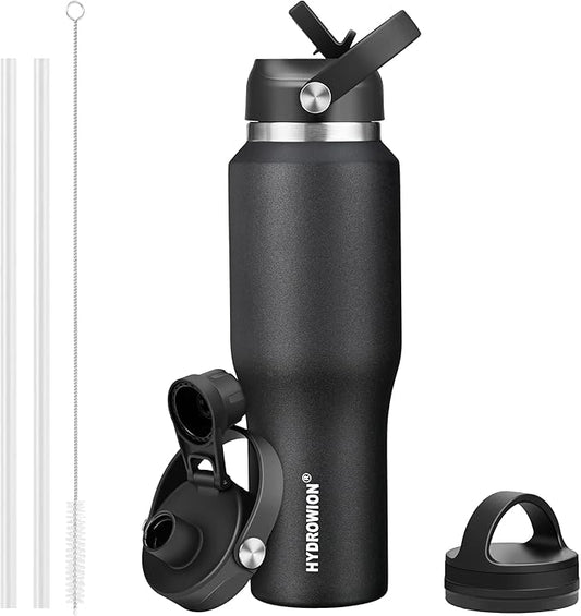 HYDROWION 32oz Stainless Steel Water Bottle(Cold for 48 Hrs, Hot for 24 Hrs),Double Wall Vacuum Insulated Water Bottle with Straw Lid, Spout Lid and Flex Cap, Fit in Any Car Cup Holder,Black