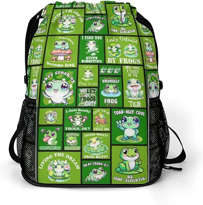 Frog Drawstring Backpack - Cute Cinch Sack, String Backpacks with Pocket for Kids Boys Girls Women Men for Gym Outdoor Sports Travel Athletic Drawstring Bag - Lightweight/Foldable