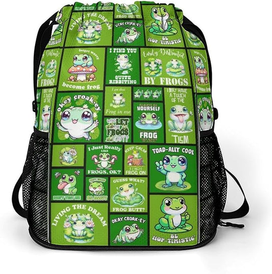 Frog Drawstring Backpack - Cute Cinch Sack, String Backpacks with Pocket for Kids Boys Girls Women Men for Gym Outdoor Sports Travel Athletic Drawstring Bag - Lightweight/Foldable