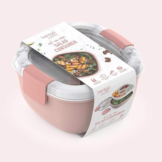 Bentgo Salad Container - 54 oz Bowl with 4-Compartment Toppings Tray, Dressing Container, Reusable Fork, BPA-Free Lunch Box for Meal Prep & Food Storage; Removable Bento Tray (Blush Marble)