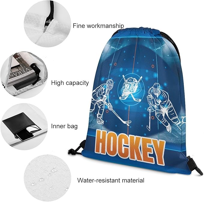 Hockey Drawstring Backpack - Cool Cinch Sack, String Backpacks for Kids Women Men Boys Girls for Gym Outdoor Sports Travel Athletic Drawstring Bag - Lightweight/Foldable