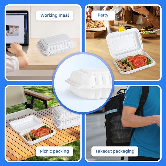 YANGRUI Food Containers 9x6 Inch 28 oz 50 Pack - Shrink Wrap Mineral-Filled BPA Free PP Plastic | Reusable Heavy Duty Freezer & Microwave Safe | Restaurant Grade White Clamshell Takeout Container