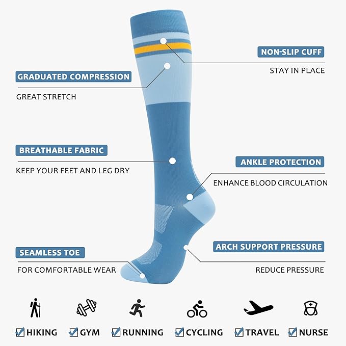 fenglaoda Compression Socks Women Men 4 Pairs, Knee High Support Socks for Running, Sports, Travel, Flight, Nurse
