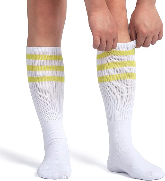 ONUPGO 5 Pieces Sweatbands Striped Socks Set Sports Headband Wristbands High Tube Socks 80s Accessories Costumes