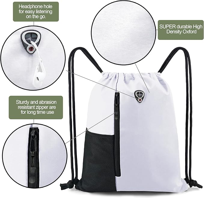 BeeGreen White Drawstring Backpack Gym Bag For Men & Women – Sports Sackpack with Mesh Water Bottle Holder & 2 Zippered Pockets – Large 16x20 Inch Cinch String Backpack Workout Bag for Running, Travel