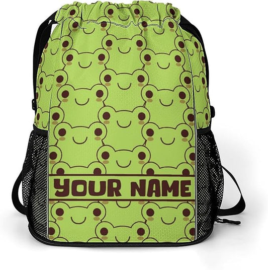 Custom Frog Drawstring Backpack - Cute Cinch Sack, String Backpacks with Pocket for Kids Women Men Boys Girls for Gym Outdoor Sports Travel Athletic Drawstring Bag - Lightweight/Foldable
