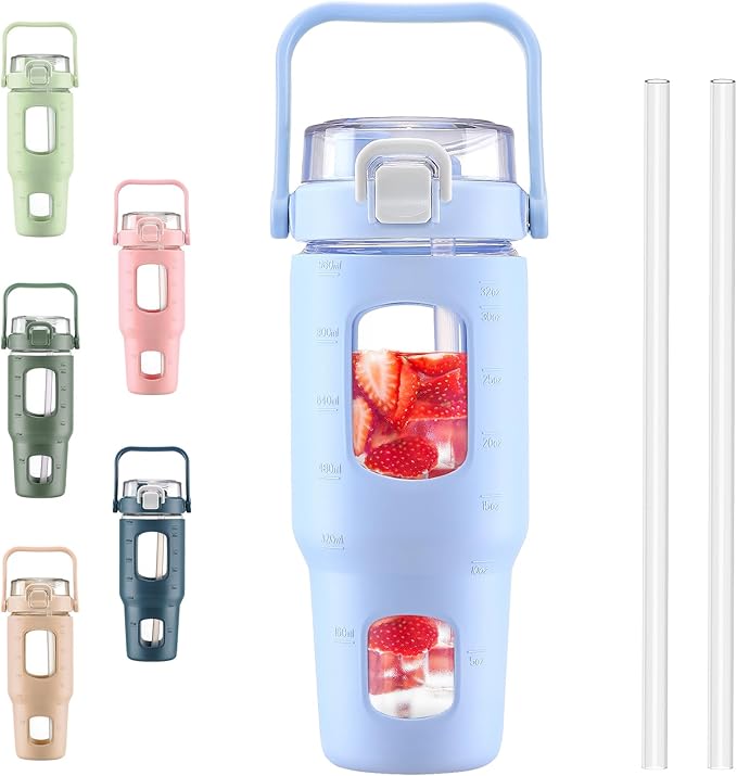 BLUEGO 32oz Glass Water Bottles with Straw Time Marker Half Gallon Large Motivational Water Bottle with Silicone Sleeve 2 Liter Large Glass Water Jug for Gym, Sports& Workout, Daily, Light Blue