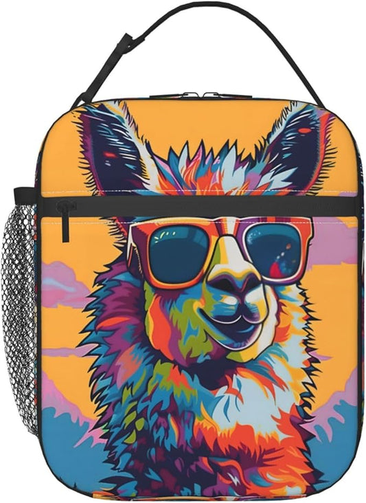 Colorful Llama Lunch Box for Women Girls Kids, Insulated Cooler Cool Sunglasses Llama Lunch Bag for School, Picnic, Office, Work, Travel, Portable Polyester Thermal Reusable Tote Lunch Bags