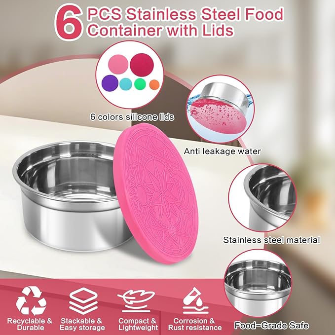 6 Pack Reusable Stainless Steel Snack Containers with Lids Set, Round Nesting Salad Dressing Container To Go, Metal Food Containers for Lunch Box Meal Prep (Size 38oz, 25oz, 12oz, 6.4oz, 3.8oz, 2.2oz)