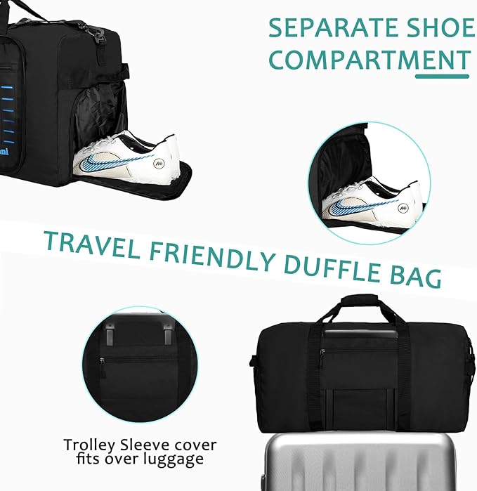 Foldable Travel Duffle Bag,Duffle Bag with Shoes Compartment and Adjustable Strap,Large Packable Travel Bags for Men Women,Waterproof Duffel Bag