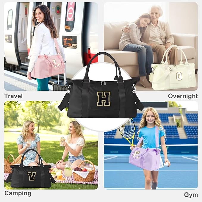 Dance Gym Duffel Bag for Teen Girls, Personalized Initial Travel Weekender Bag,Cute Overnight Carry On Duffle for Women,Sports Travel Cheer Bag,Monogram Christmas Gifts for Tween Preppy(black-H)
