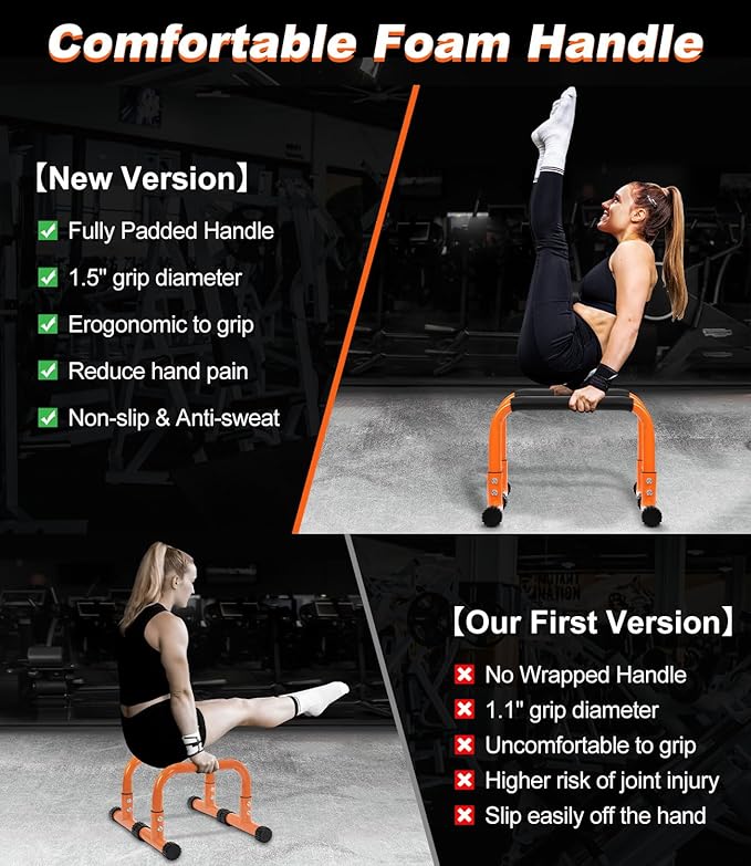 TABEKE Push Up Bar, 12" High Parallettes Bars & Dip Bar With Full-Cover Foam Handles, No Wobbling Calisthenics Equipment For Handstand, L-Sit, Gymnastics, Strength Training Home Gym