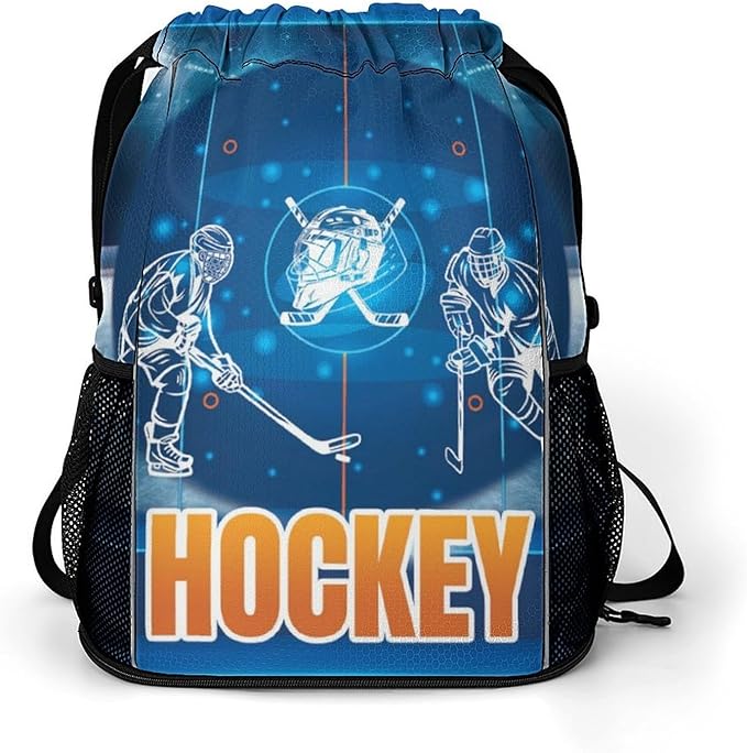 Hockey Drawstring Backpack - Cool Cinch Sack, String Backpacks with Pocket for Kids Women Men Boys Girls for Gym Outdoor Sports Travel Athletic Drawstring Bag - Lightweight/Foldable