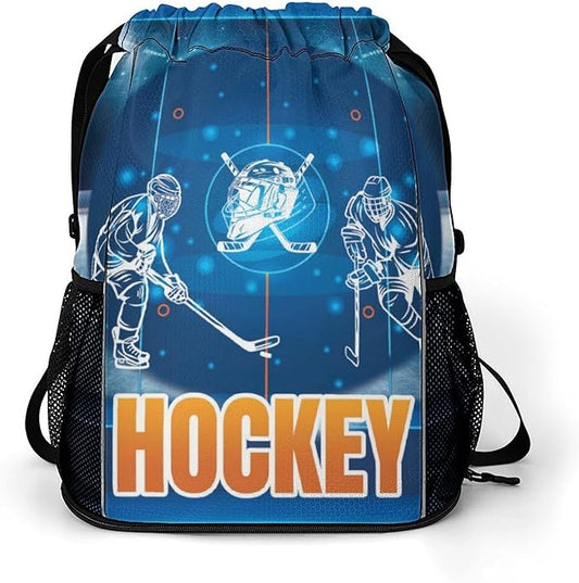 Hockey Drawstring Backpack - Cool Cinch Sack, String Backpacks with Pocket for Kids Women Men Boys Girls for Gym Outdoor Sports Travel Athletic Drawstring Bag - Lightweight/Foldable