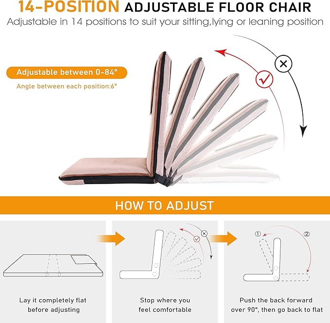 Floor Chair with Back Support 14-Position Adjustable Floor Chair Portable Ground Seating for Adults & Kids Foldable Meditation Seat with Japanese KOYO Bearings & Washable Linen Cover (Coffee)