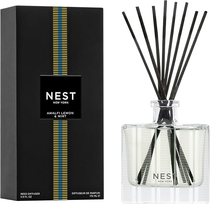 NEST New York Reed Diffuser, Amalfi Lemon & Mint - 5.9 fl oz - Fragrance for Up to 90 Days - Reusable, Refillable Glass Holder - Includes 8 All-Natural Reed Sticks - Flame Free