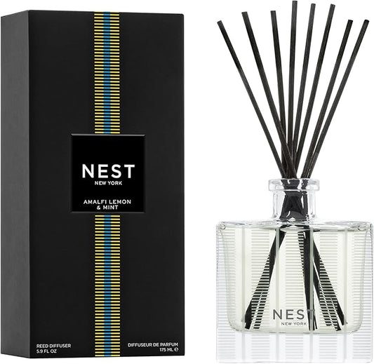NEST New York Reed Diffuser, Amalfi Lemon & Mint - 5.9 fl oz - Fragrance for Up to 90 Days - Reusable, Refillable Glass Holder - Includes 8 All-Natural Reed Sticks - Flame Free