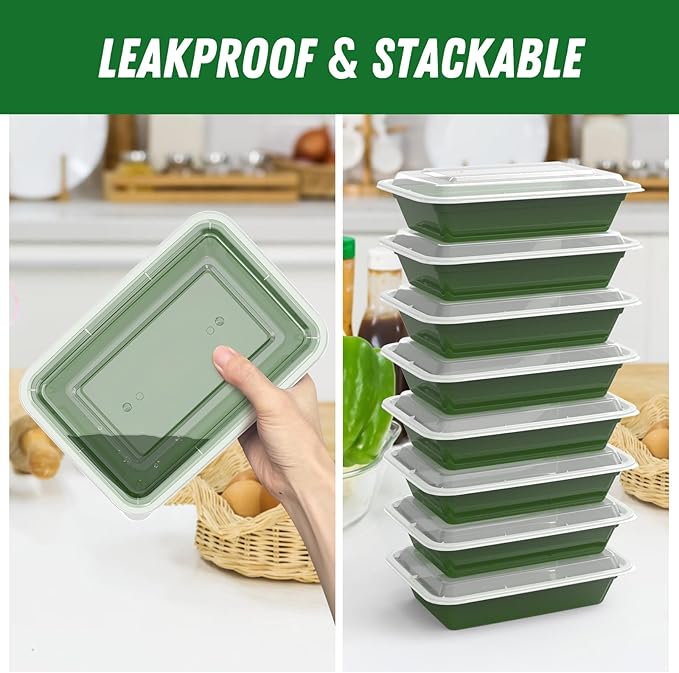 50 Pack (100-Piece) 32 oz Meal Prep Containers Reusable with Easy Open Lids, Sturdy Leakproof Food Safe, Microwave Freezer Dishwasher Safe, To Go Take Out Plastic Food Storage Pans with Lids, Green