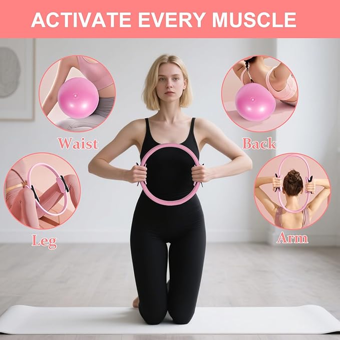 Pilates Ring Set with Resistance Bands– Anti-Slip Magic Circle Pilates Ring for Home Workouts, Full-Body Toning, Strength Training for Women 14PCS