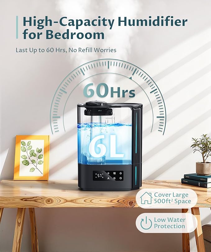 BREEZOME 6L Humidifiers for Bedroom Large Room & Essential Oil Diffuser, Ultrasonic Top Fill Cool Mist Humidifiers for Baby, Plants, Nursery Last up to 60 Hours, Smart Humidistat Control, Quiet, Black