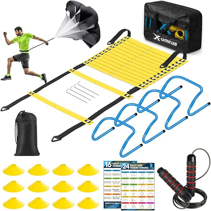 Agility Ladder Speed Training Equipment Set-20ft Agility Ladder,12 Soccer Cones,4 Hurdles, Jump Rope, Running Parachute| Basketball Football Soccer Training Equipment for Kids Youth Adults