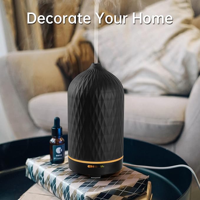 Wanlola Essential Oil Diffuser with Diamond Pattern,120ML Aromatherapy Ceramic Diffusers with Auto Off Function & Warm Light for Home,Decor,Black