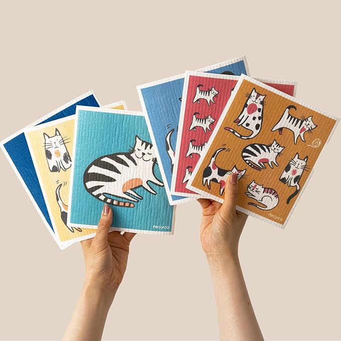 RECYCO Swedish Dishcloths for Kitchen | 6 Pack Cuddly Cats Washable Dish Rags | Cellulose Reusable Cleaning Paper Towels | Absorbent Counter Dish Cloth Sponge Kitchen Wipes, 8" L x 7" W