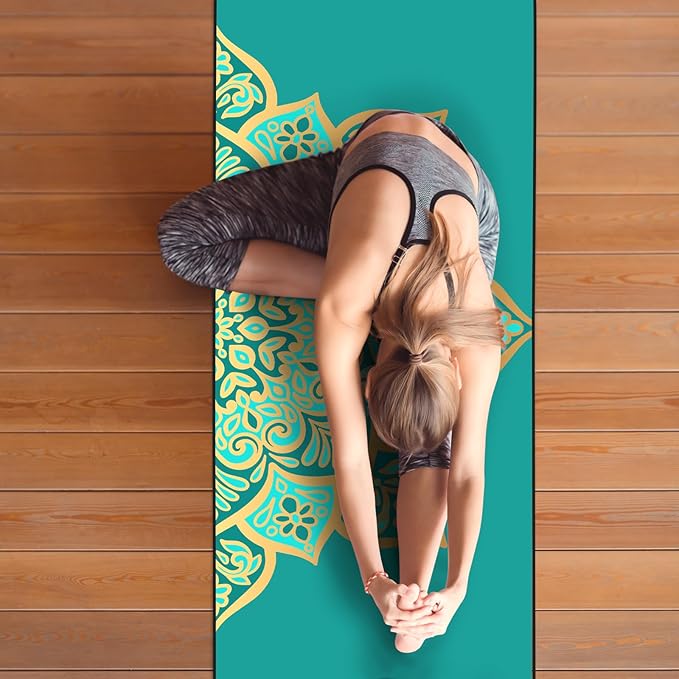 Colorful Star Large Yoga Mat Towel with Corner Pockets, Non Slip Grip Dots Absorbent Hot Yoga Towels, Yoga Blankets with Travel Bag, Mat Cover for Workout, Gym, Fitness - 74"x26", Turquoise Mandala